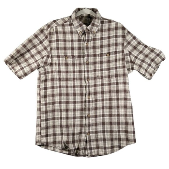 Duluth Trading Button Shirt Mens Medium Hemp Organic Cotton Brown Plaid - Picture 1 of 11